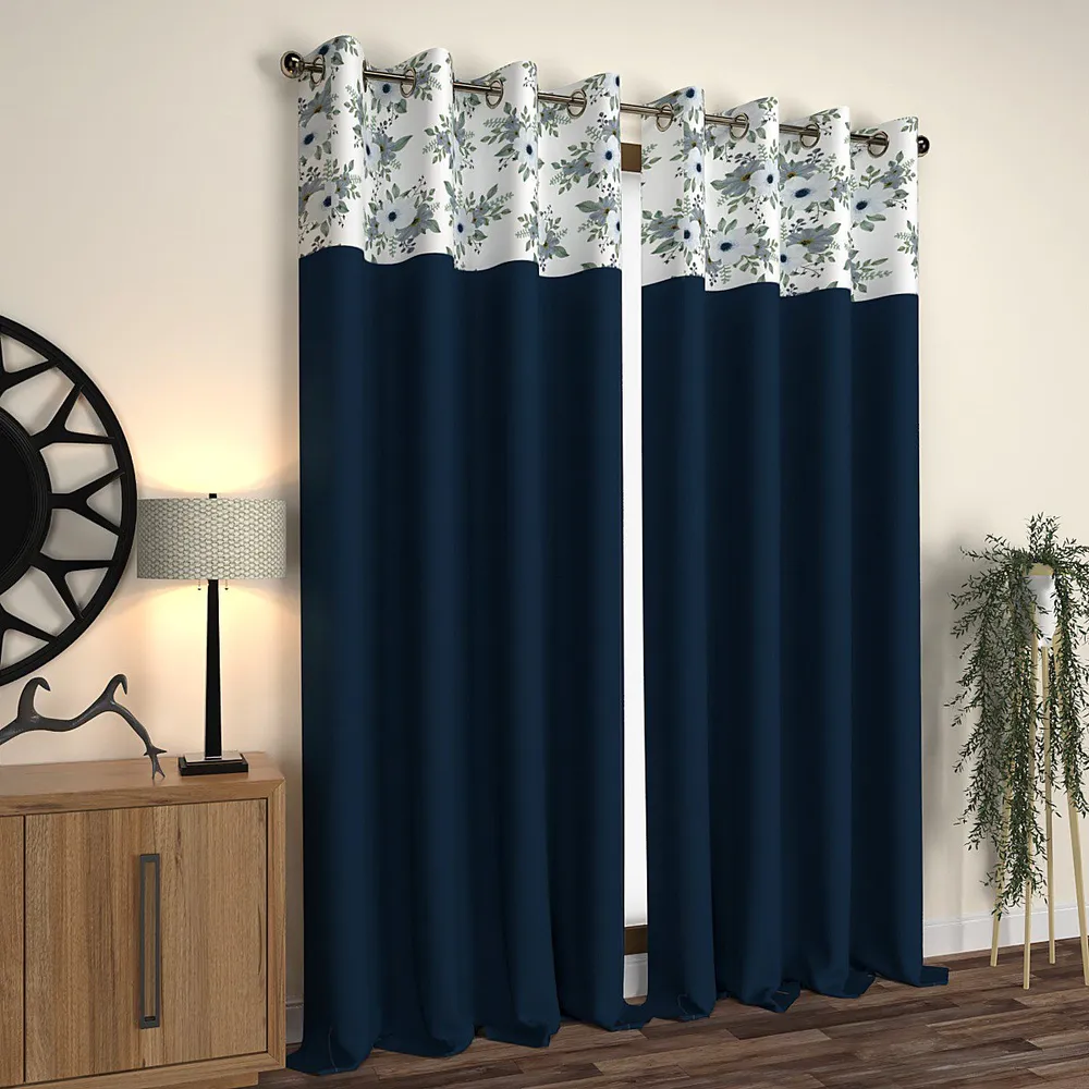 Navy Blue Floral Semi-Designer Door Curtain