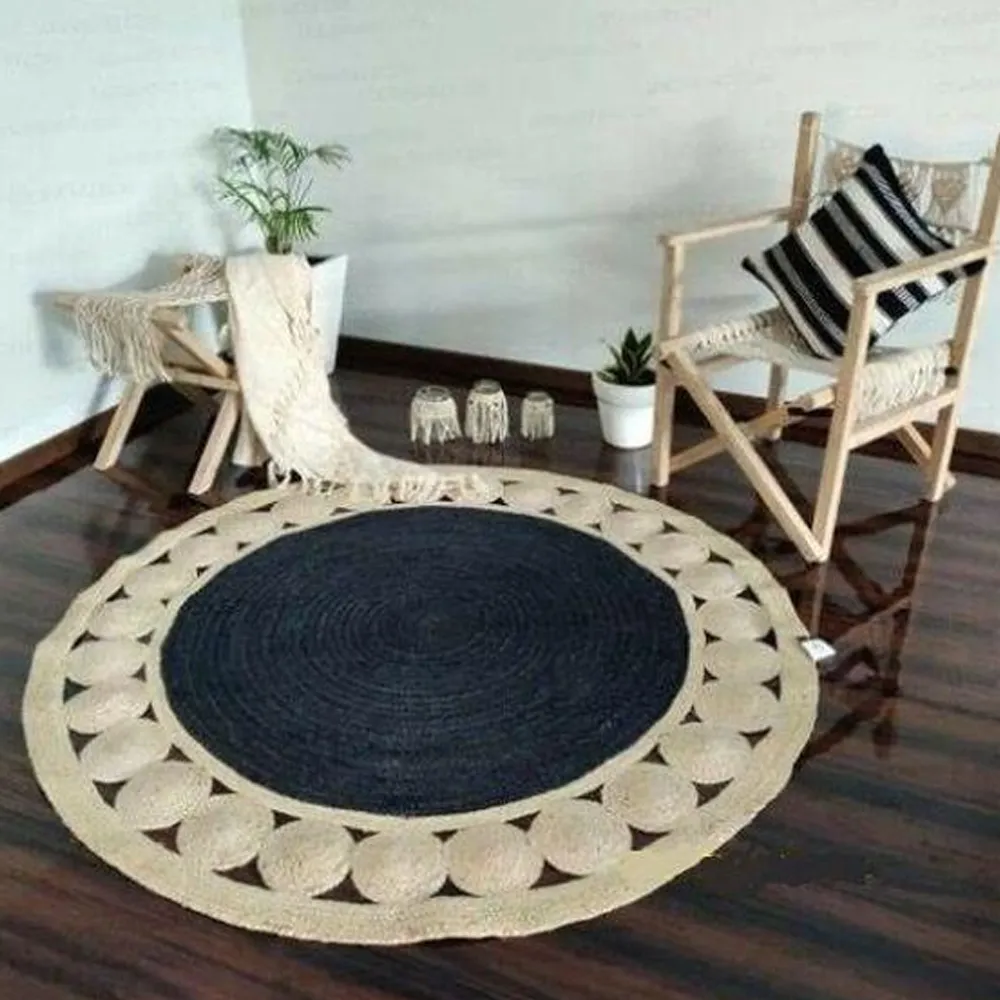 Navy Blue Round Designer Jute Rug