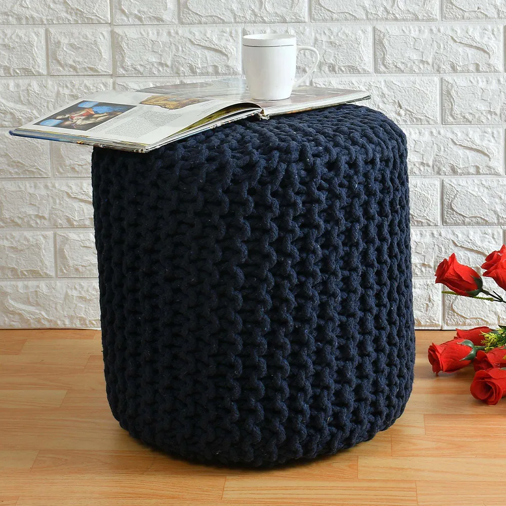 Navy Blue Solid Cotton Knitted Pouffe