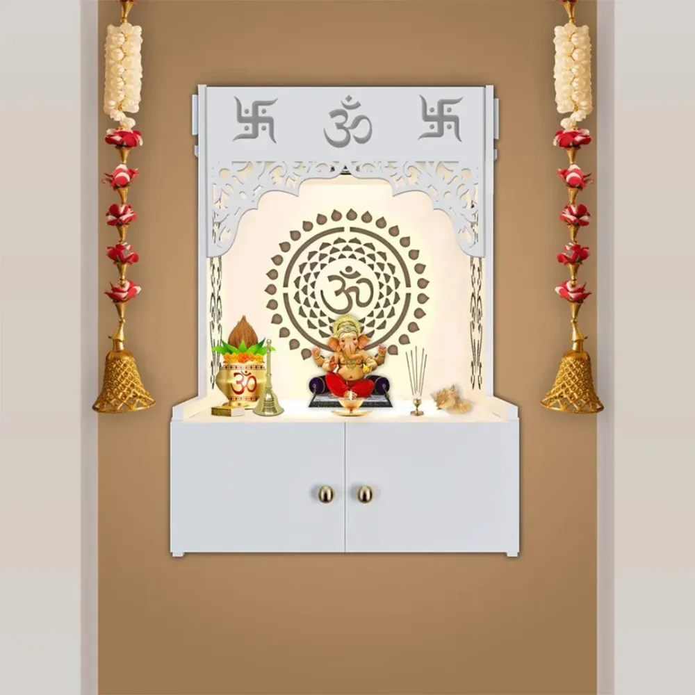 Om Chakra White MDF Wood Temple with Inbuilt Focus Light &amp; Spacious Shelf