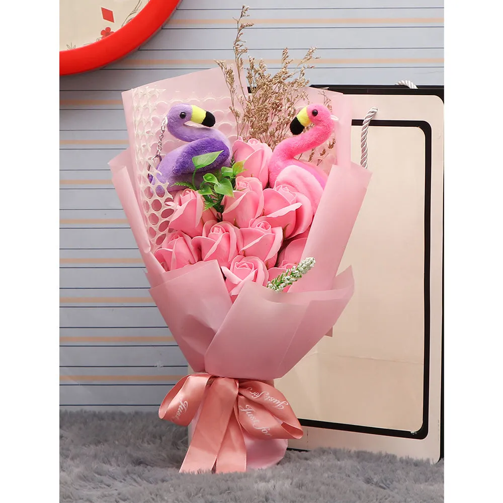 Pink Artificial Silk Rose Special Flower Bouquet with Swan for Valentine's Day