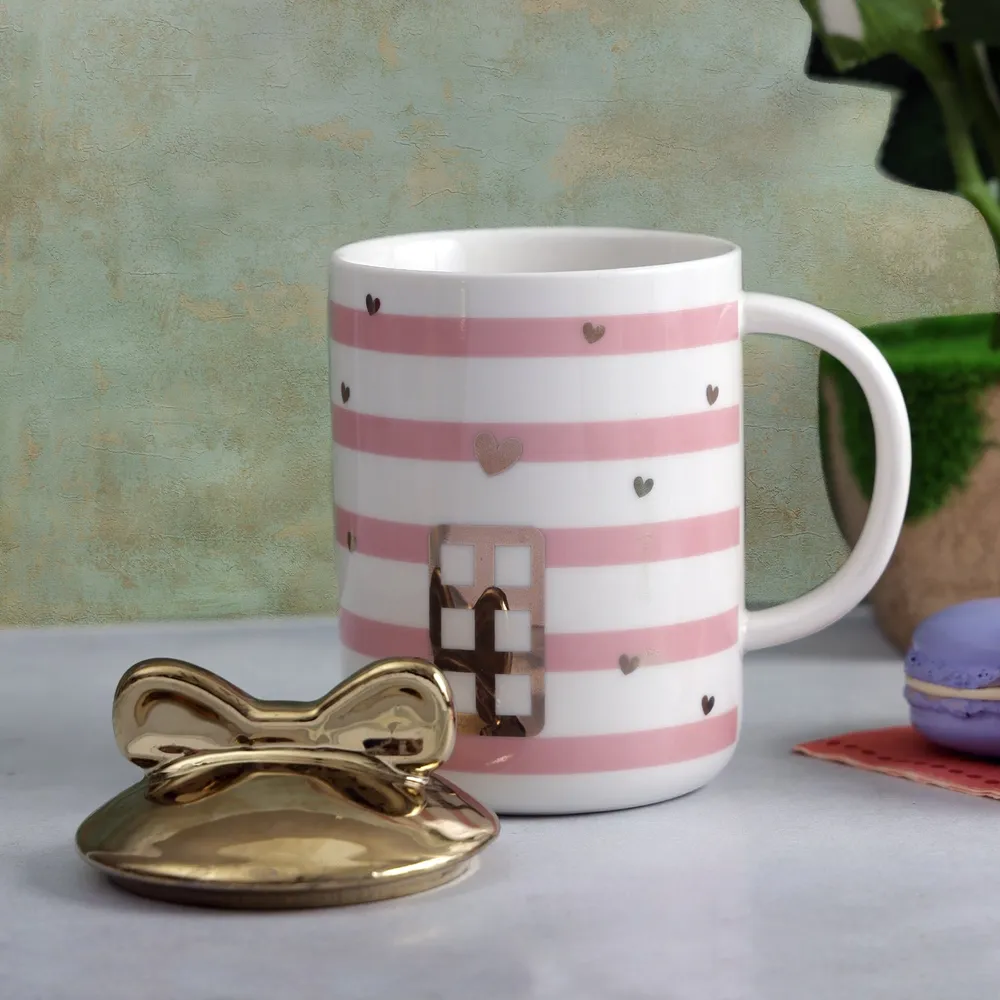 Pink Door Printed Cute Striped Mug with Bow Lid