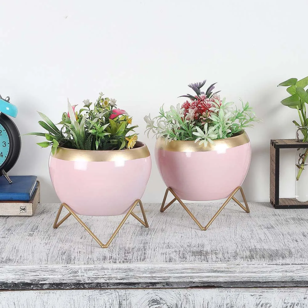 Pink & Golden Bordered Metal Planter With Stand Set Of 2