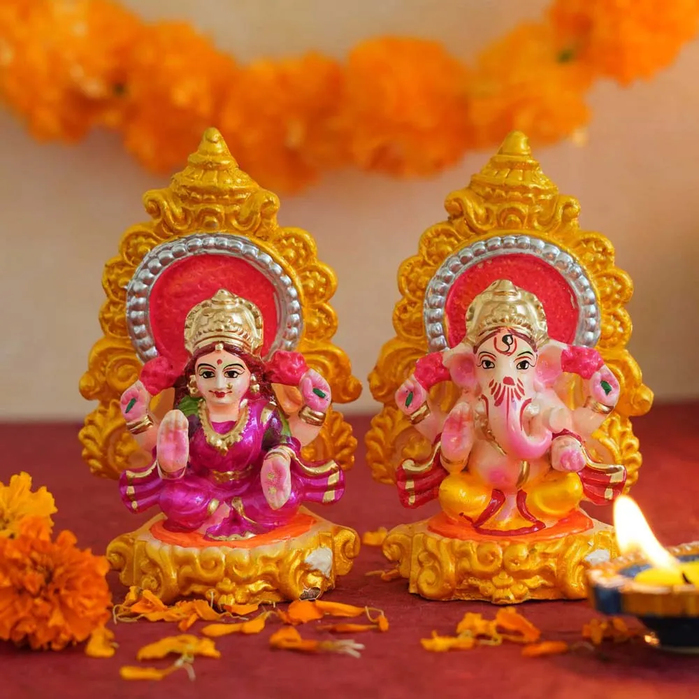Pink & Orange Hand Painted Lord Ganesha & Laxmi Showpiece Set Of 2