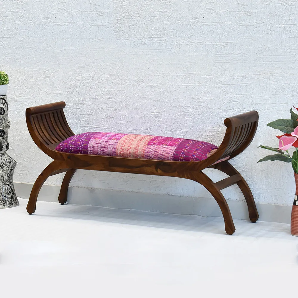 Pink Traditional Kantha Gudri Patchwork Natural Brown Wooden Two Seater Sofa