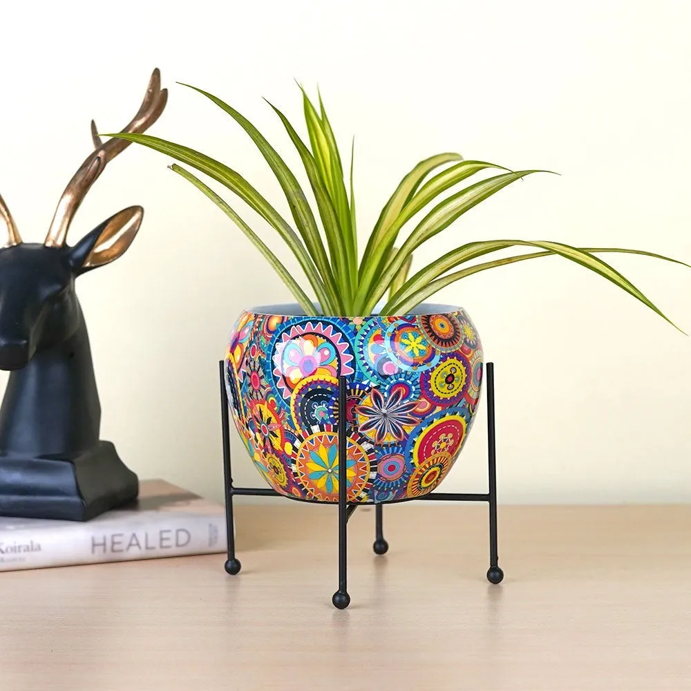 Playful Floral Metal Printed Planter With Stand