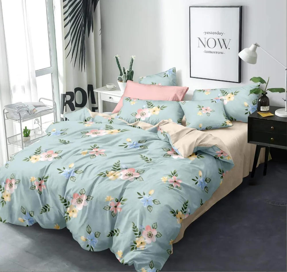 Pleasing Pink Lily Print Double Bedsheet With 2 Pillow Covers (Sky Blue)
