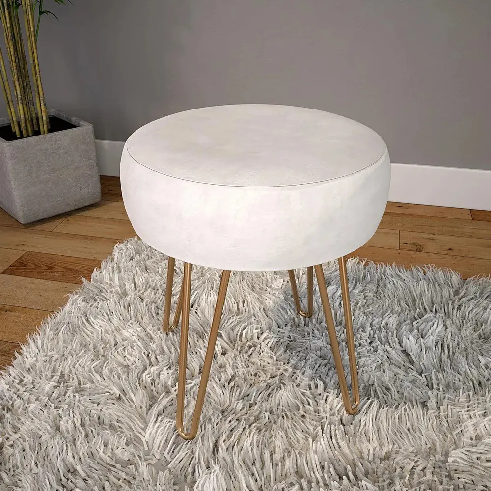 Plush Ivory Velvet Vanity Stool with Golden Legs WallMantra