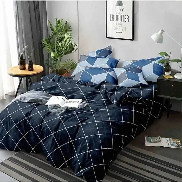 PR Trend  Criss  Cross Printed Designer Navy Blue Single Bedsheet Set Of 2 With Pillow Cover