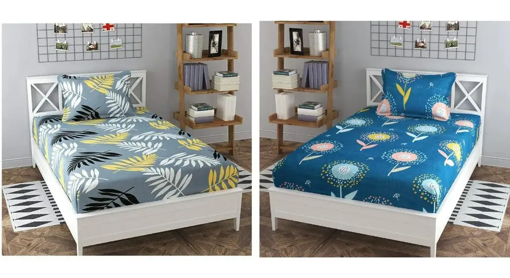 PR Trend  Leaves Printed Grey & Blooming Flowers Printed Rich Blue Single Bedsheet Set Of 2 With Pillow Cover