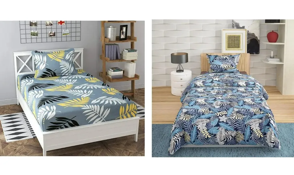 PR Trend  Leaves Printed Grey & Dense Leafy Blue Printed Single Bedsheet Set Of 2 With Pillow Cover