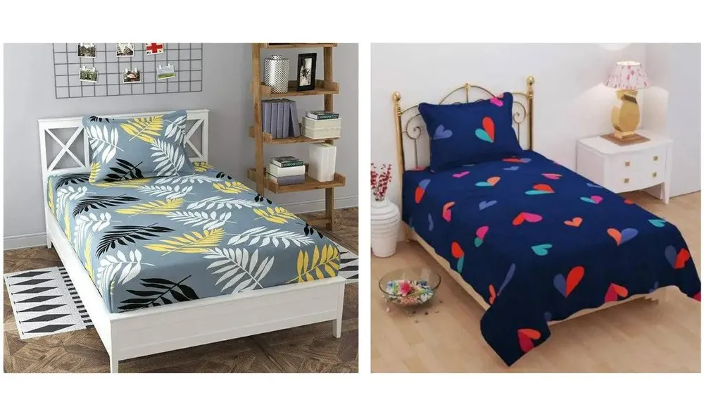 PR Trend Leaves Printed Grey & Little Pink Hearts Printed Dark Blue Single Bedsheet Set Of 2 With Pillow Cover