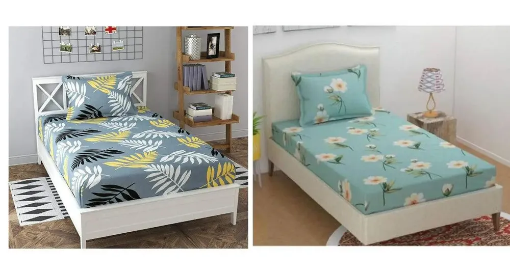 PR Trend Leaves Printed Grey & Turquoise Floral Printed Single Bedsheet Set Of 2 With Pillow Cover