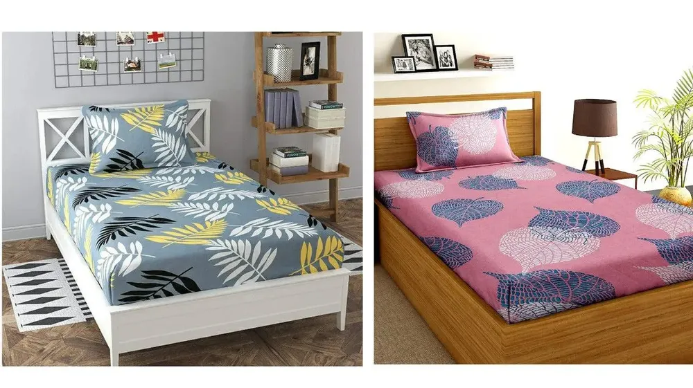 PR Trend  Leaves Printed Grey &White Cotyledons Printed Pink Single Bedsheet Set Of 2 With Pillow Cover