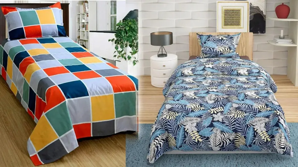 PR Trend  Multicolor Square Pattern & Dense Leafy Blue Printed Single Bedsheet Set Of 2 With Pillow Cover