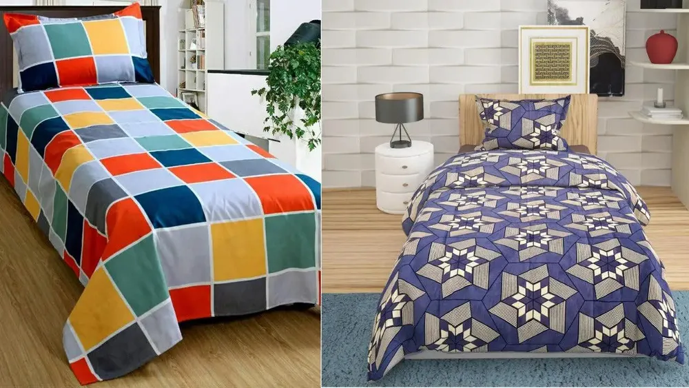 PR Trend  Multicolor Square Pattern & Floral Chakra Printed Single Bedsheet Set Of 2 With Pillow Cover