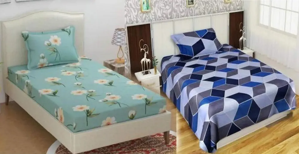 PR Trend  Turquoise Floral Printed & Blue Geometric Pattern Single Bedsheet Set Of 2 With Pillow Cover