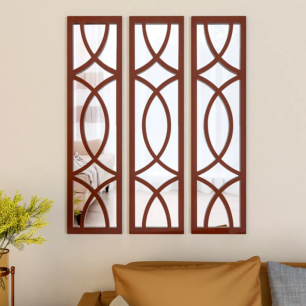 Premium Geometric Design Set of 3 Wooden Frame Wall Mirror / Decorative Wall Decor (Available in Multiple Finishes)