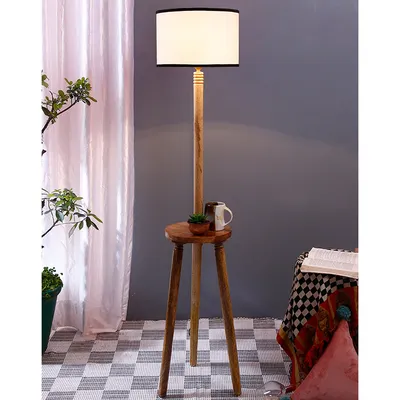 Premium Natural Wood Table Storage Floor Lamp With Cotton Shade