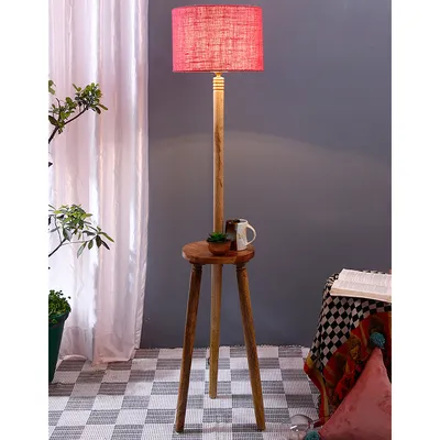 Premium Natural Wood Table Storage Floor Lamp With Drum Shade