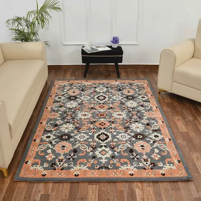 Premium-quality Peach and Grey Traditional Print Polyester Carpet for Living Room