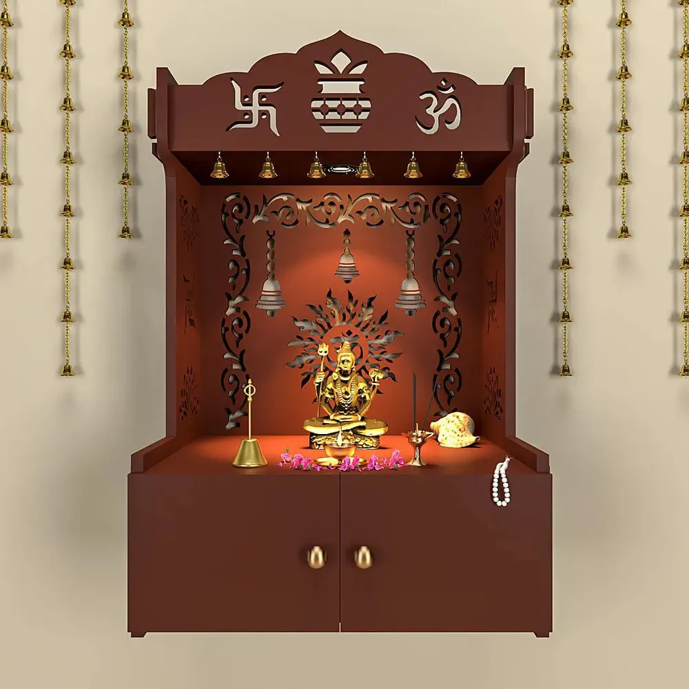Premium Wall Temple with Inbuilt Focus Light &amp; Spacious Wooden Shelf- Brown