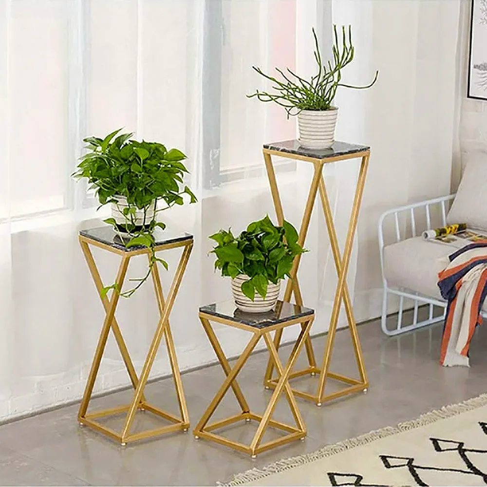 Premium White Marble Top Sturdy Metal Planter Stand (Set of 3)