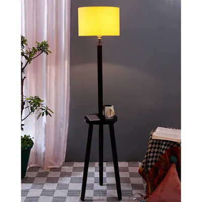 Premium Wood Brown Table Storage Floor Lamp With Cotton Shade