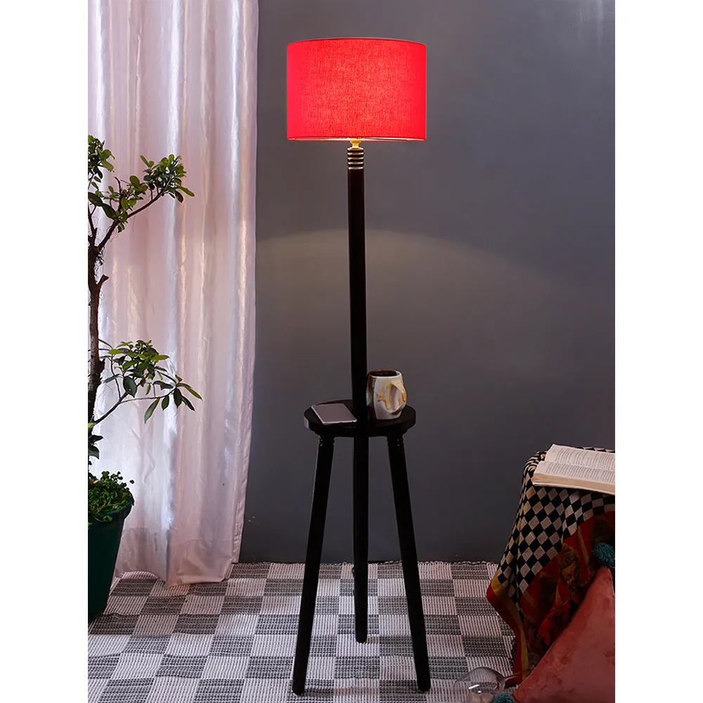 Premium Wood Brown Table Storage Floor Lamp With Cotton Shade