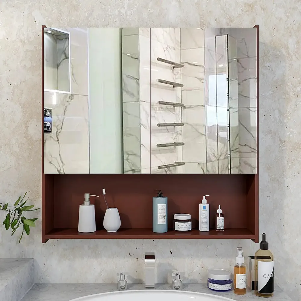 Premium Wooden Brown Bathroom Cabinet with Mirror &amp; 4 Spacious Shelves