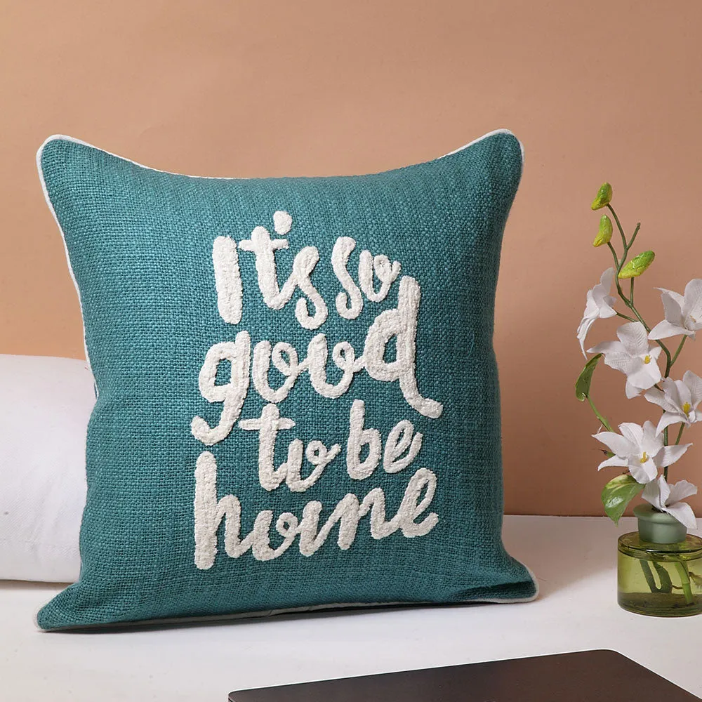 Quirky Peacock Blue Written Tufted 100% Cotton Cushion Cover Set Of 1