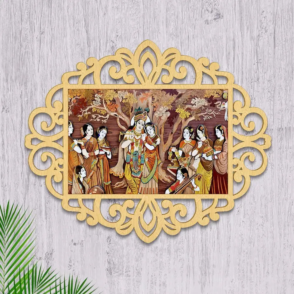 Radha Krishna With Gopis Canvas Print in Decorative Frame
