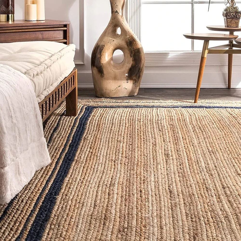 Rectangular Blue Bordered Traditional Jute Rug
