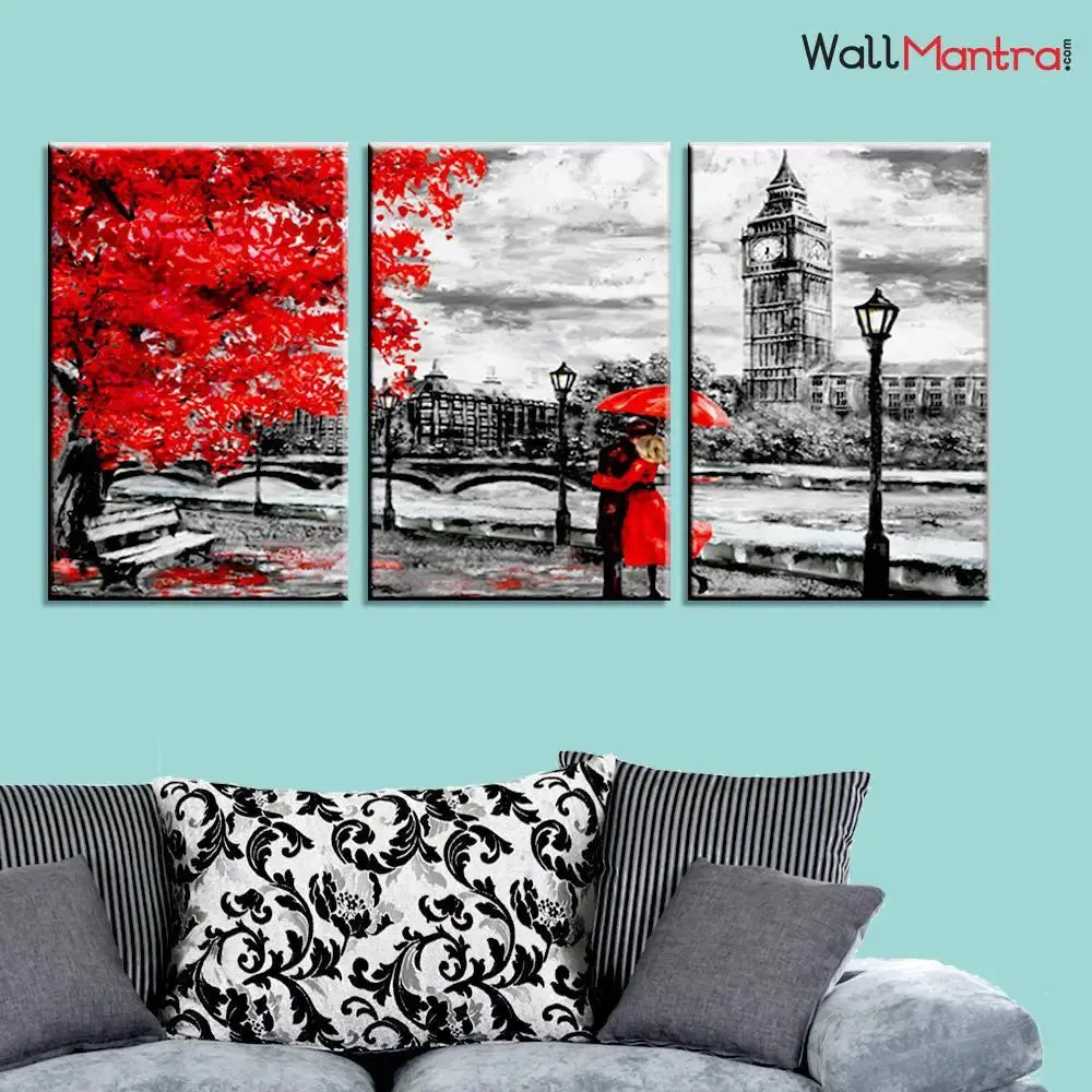 Red And Black Romantic Art Wooden Framed 3 Pieces Canvas Painting