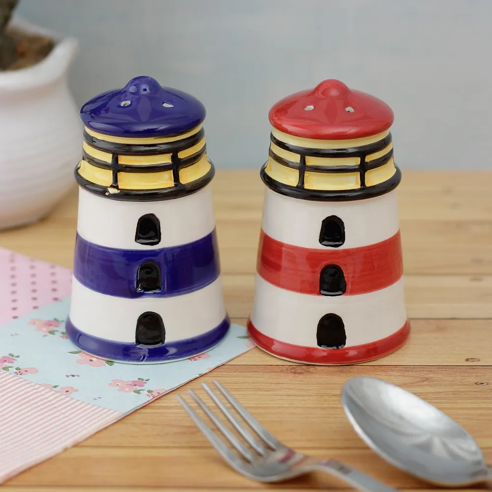 Red & Blue Lighthouse Salt & Pepper Set Of 2