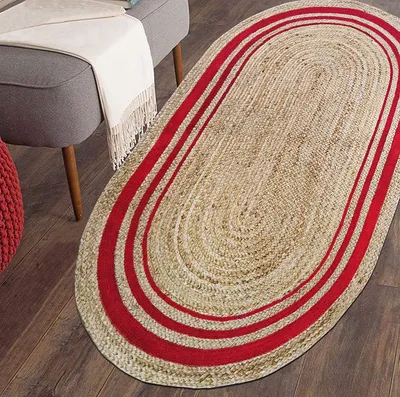 Red Bordered Designer Oval Jute Floormat