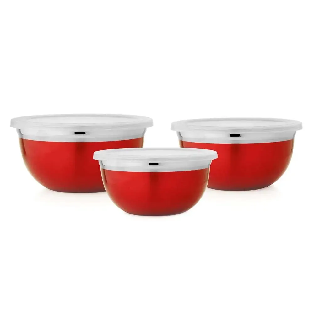 Red Coated Stainless Steel German Mixing Bowl Set With Lid Set Of 3