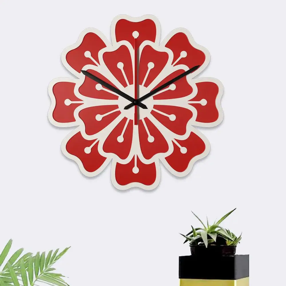 Red Flower Design Dual Layer Wooden Wall Clock