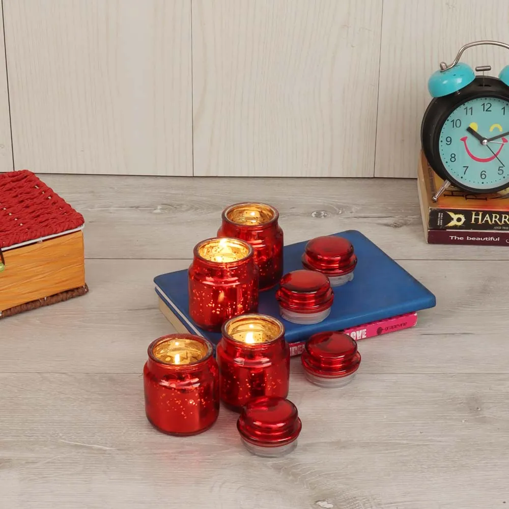Red Glass With Jar Candle Holders Set of 4