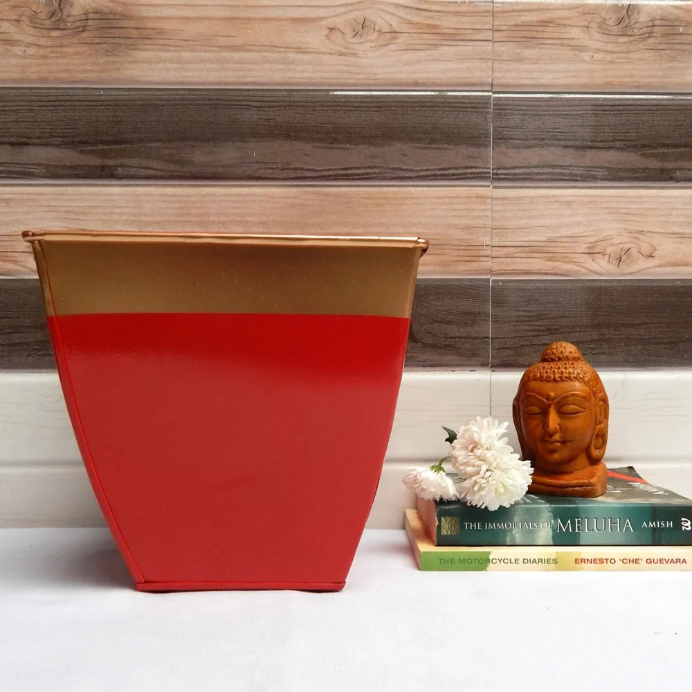 Red & Golden 8 Inches Metal Tapered Plant Pot Set Of 2