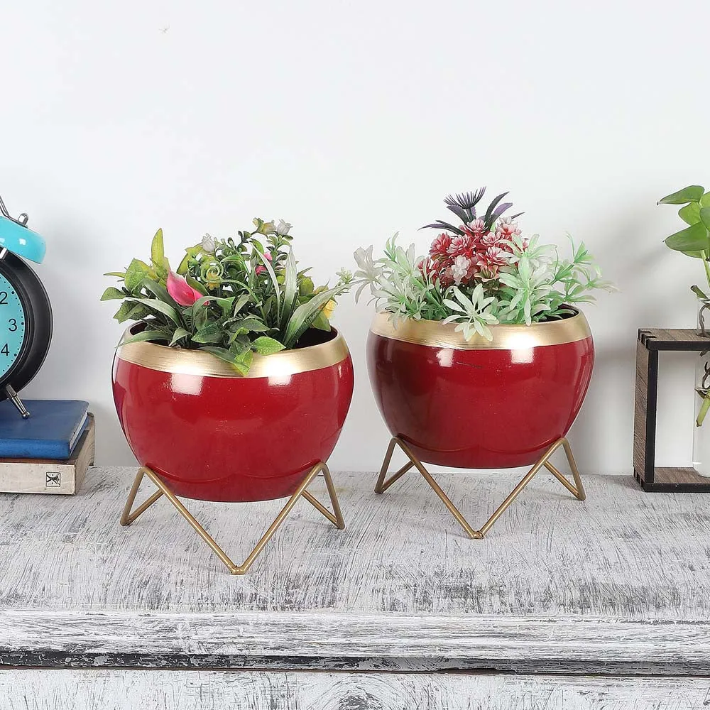Red & Golden Bordered Metal Planter With Stand Set Of 2