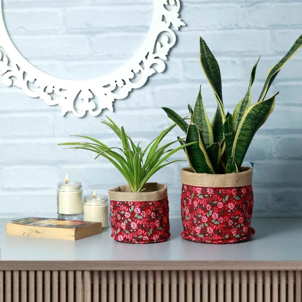 Red Printed Handcrafted Cotton & Jute Planters Set Of 2