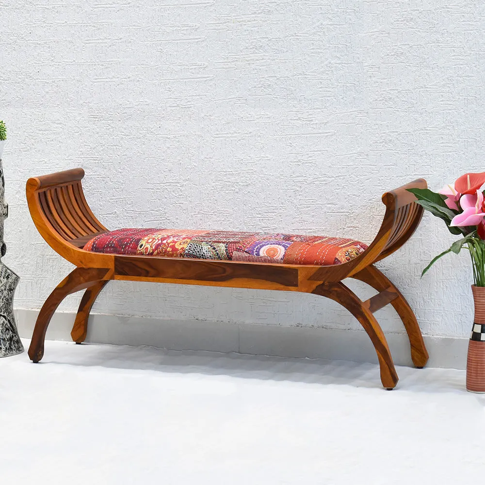 Red Traditional Kantha Gudri Patchwork Yellow Brown Wooden Two Seater Sofa
