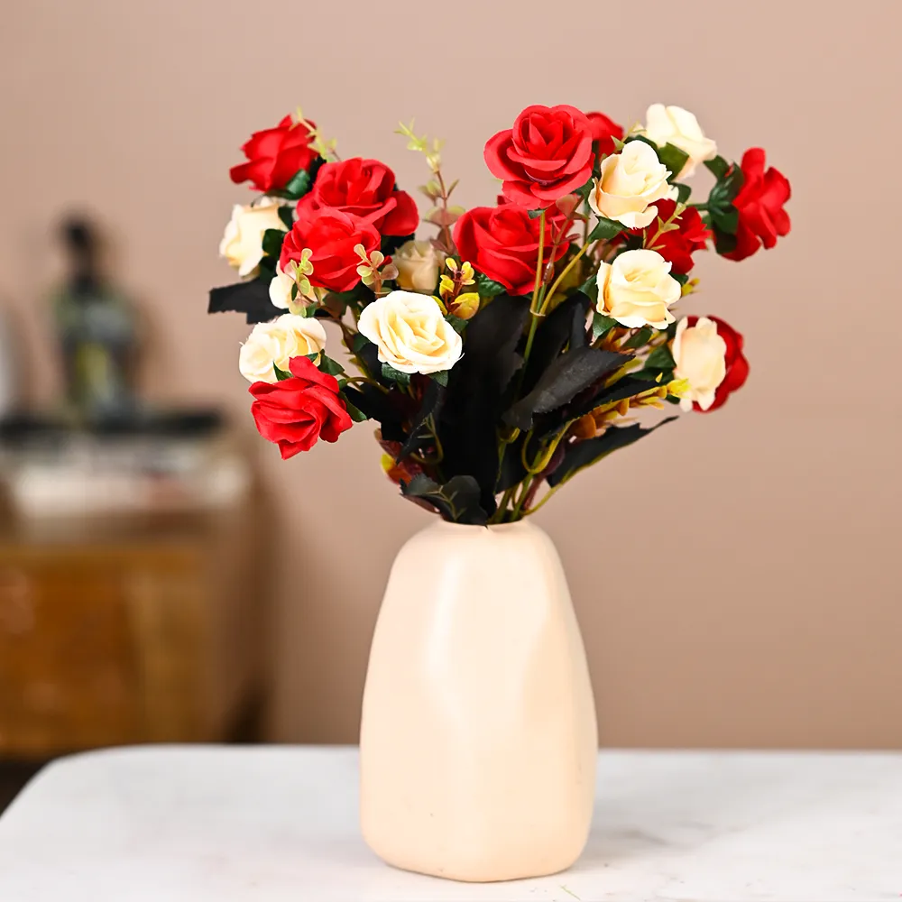 Red & White Decorative Artificial Rose Bunch Set Of 2