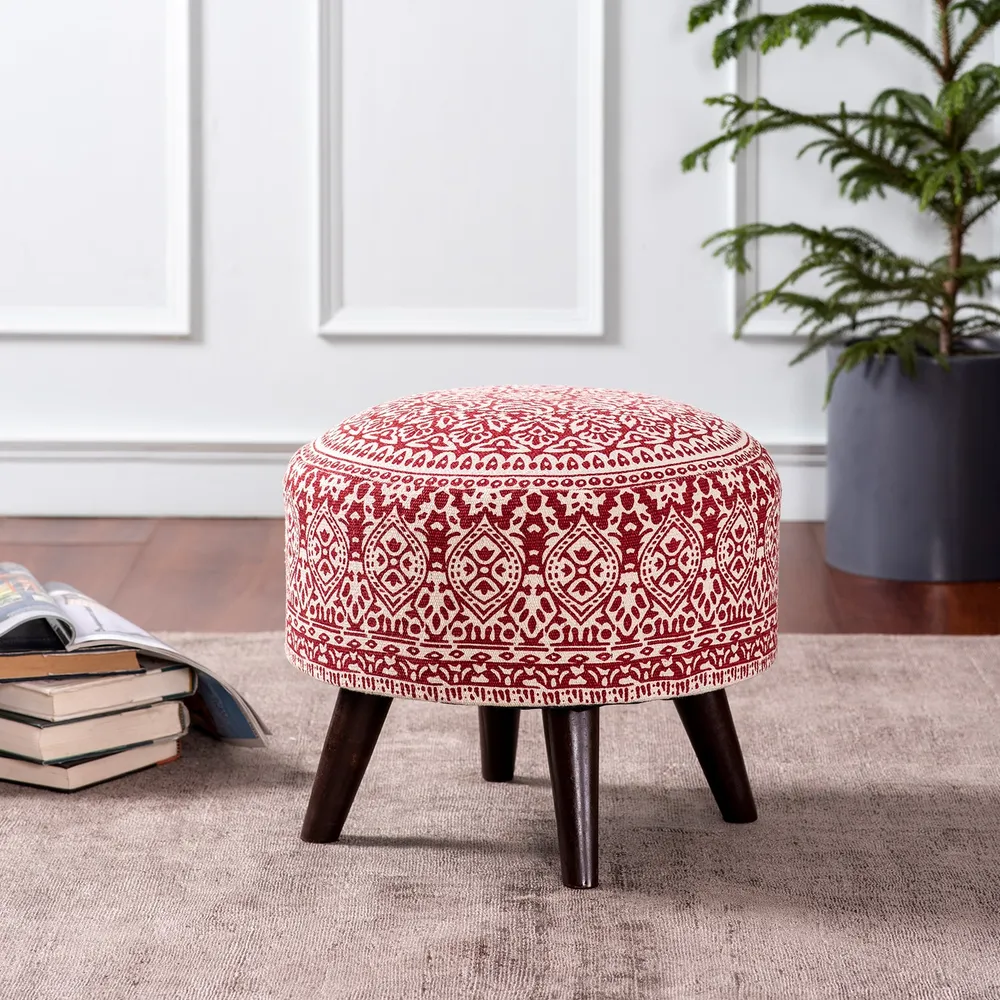 Red & White Ethnic Print Round Upholstered Ottoman Wood Stool
