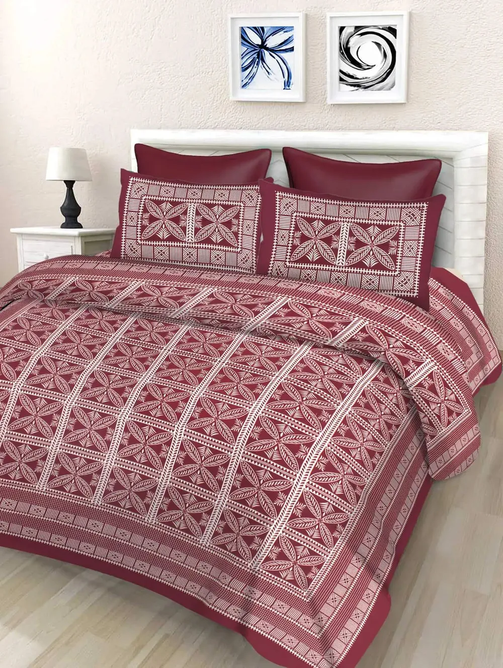 Red & White Traditional Print 144 TC Cotton Double Bedsheet with Pillow Covers