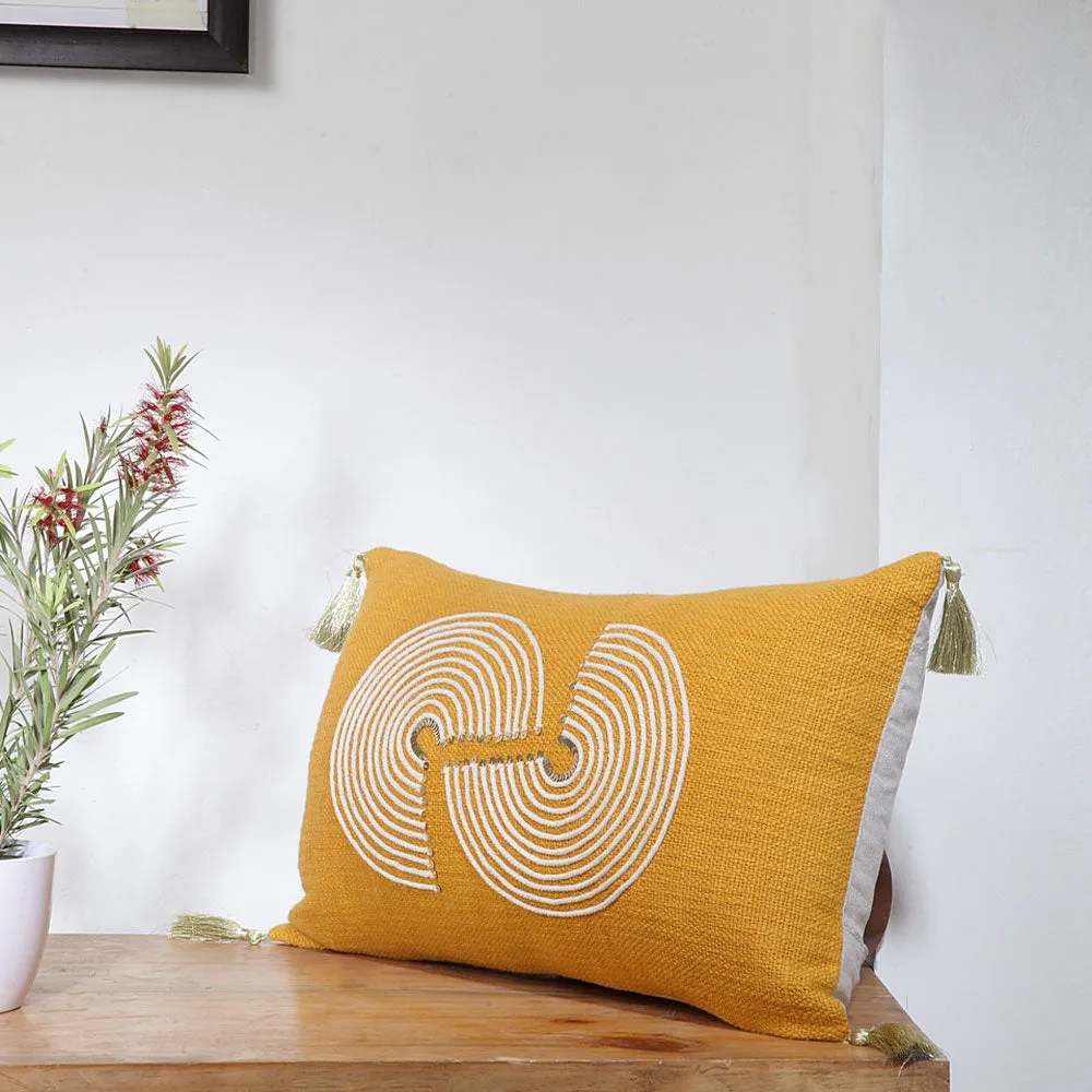 Retro Sequins Embellished Yellow Rectangle 100% Cotton Cushion Cover Pack of 1