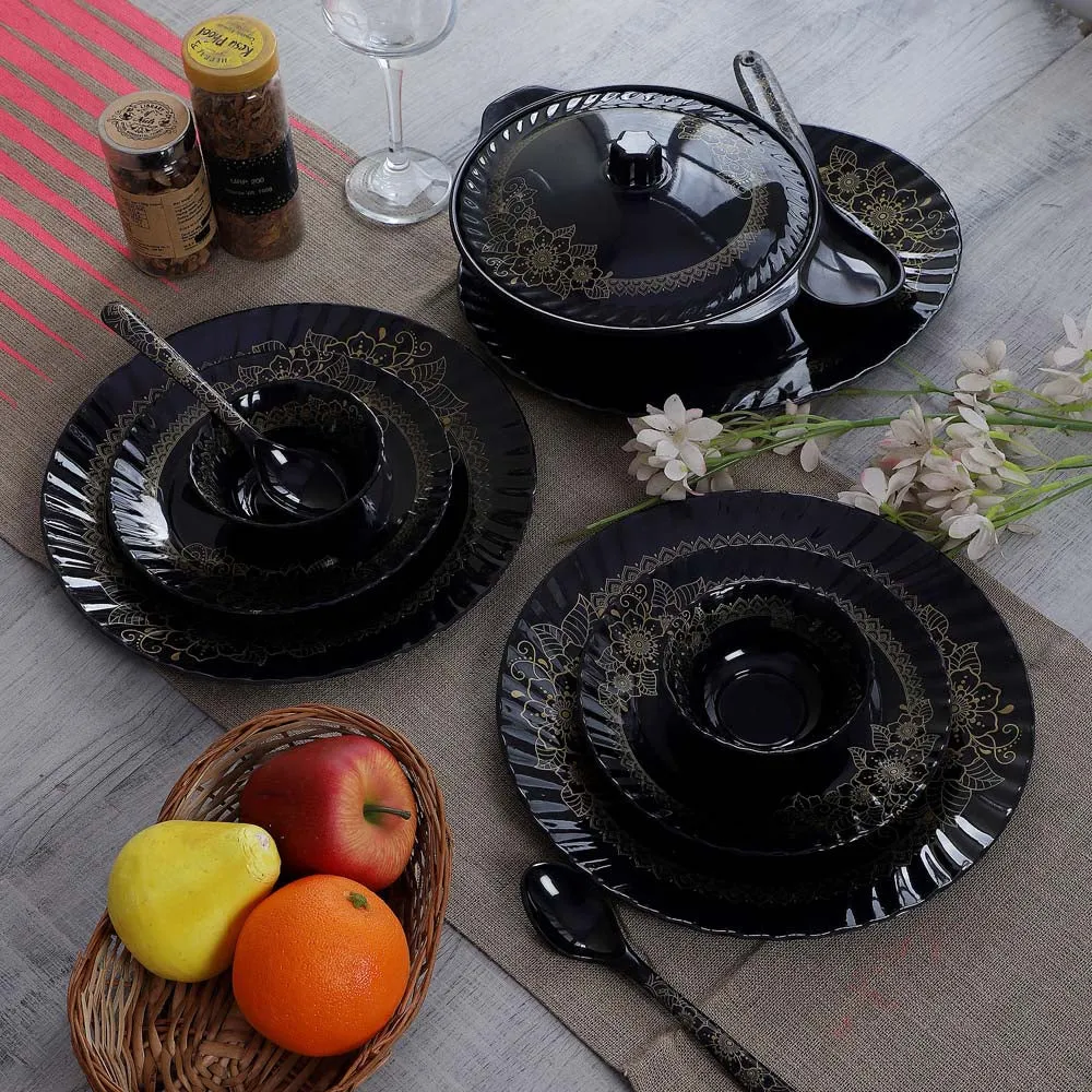 Rich Black & Golden Designer Melamine Dinner Set Of 40