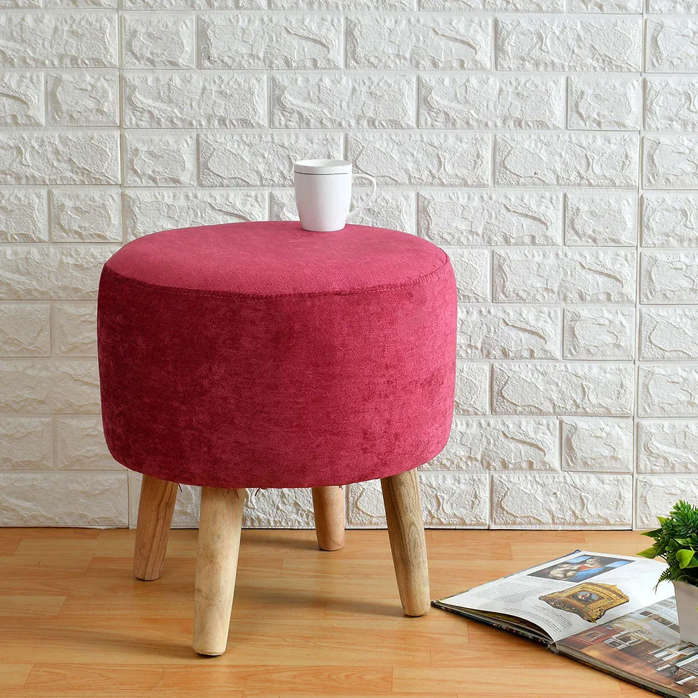 Rich Pink Velvet Solid Wooden Pouffe Stool