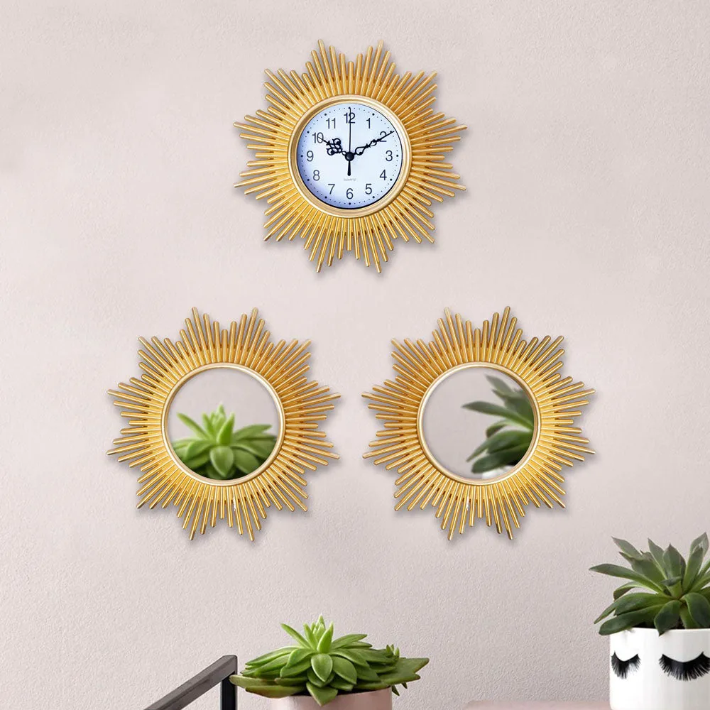 Ripped Sunflower Designer Wall Clock & Mirror Set Of 3